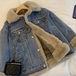 Áo Khoác Denim Lót Lông Cừu Dày Dặn Dáng Rộng Thời Trang Thu Đông Phong Cách Retro Mới Cho Nữ