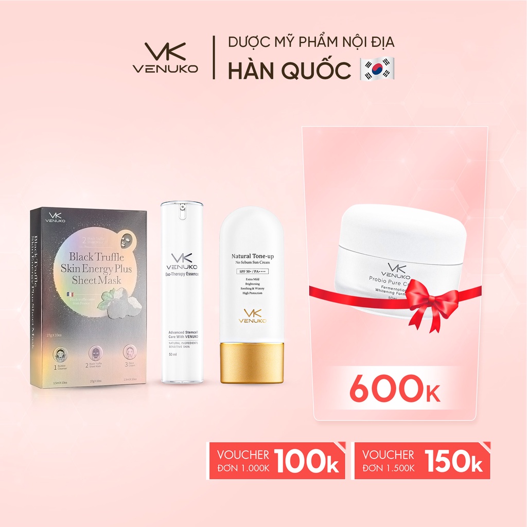 Combo 10 x Mặt nạ Venuko Black Truffle 30 ml+ Tinh chất Exo Therapy Essence 50ml+ Kem chống Venuko Natural tone up 60ml