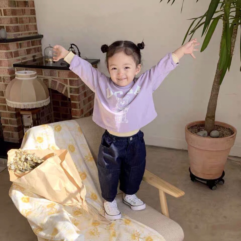 Áo Thun Tay Dài In Hình Gấu Bằng Cotton Nguyên Chất Phong Cách Hàn Quốc Thời Trang Xuân Thu Mới Dành Cho Trẻ Em