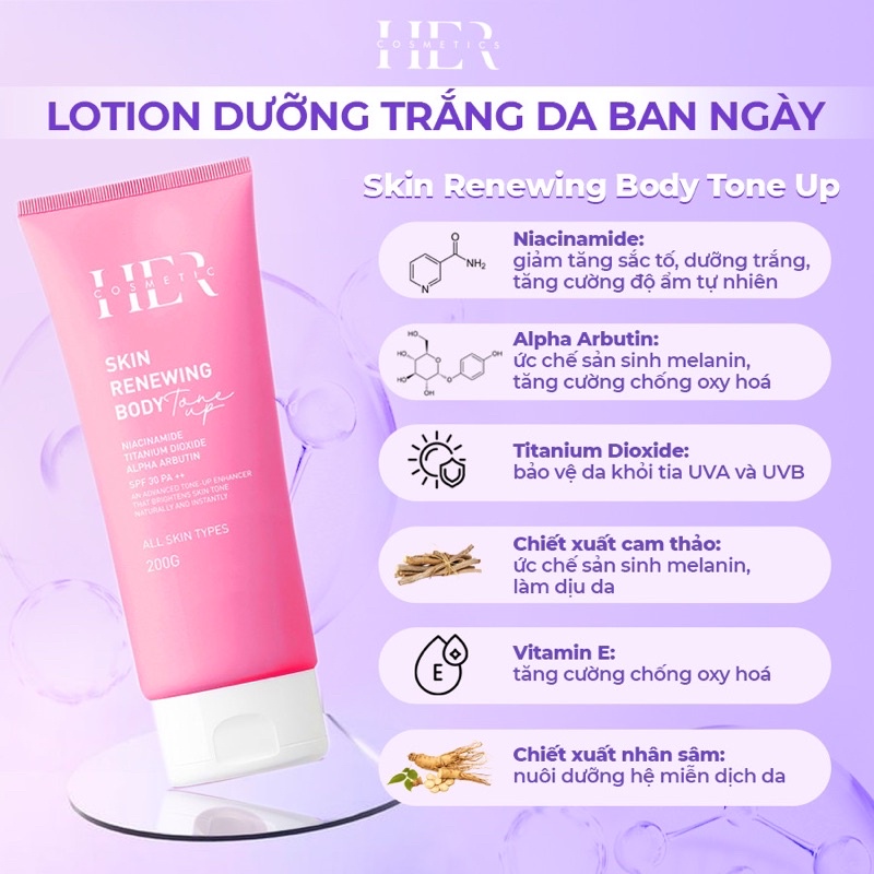 KEM BODY TRẮNG DA HER COSMETIC , TREATMENT , RETINOL  ,KEM DƯỠNG DA SKIN RENEWING BODY. APHA ARBUTIN , CHỐNG NẮNG SPF30+