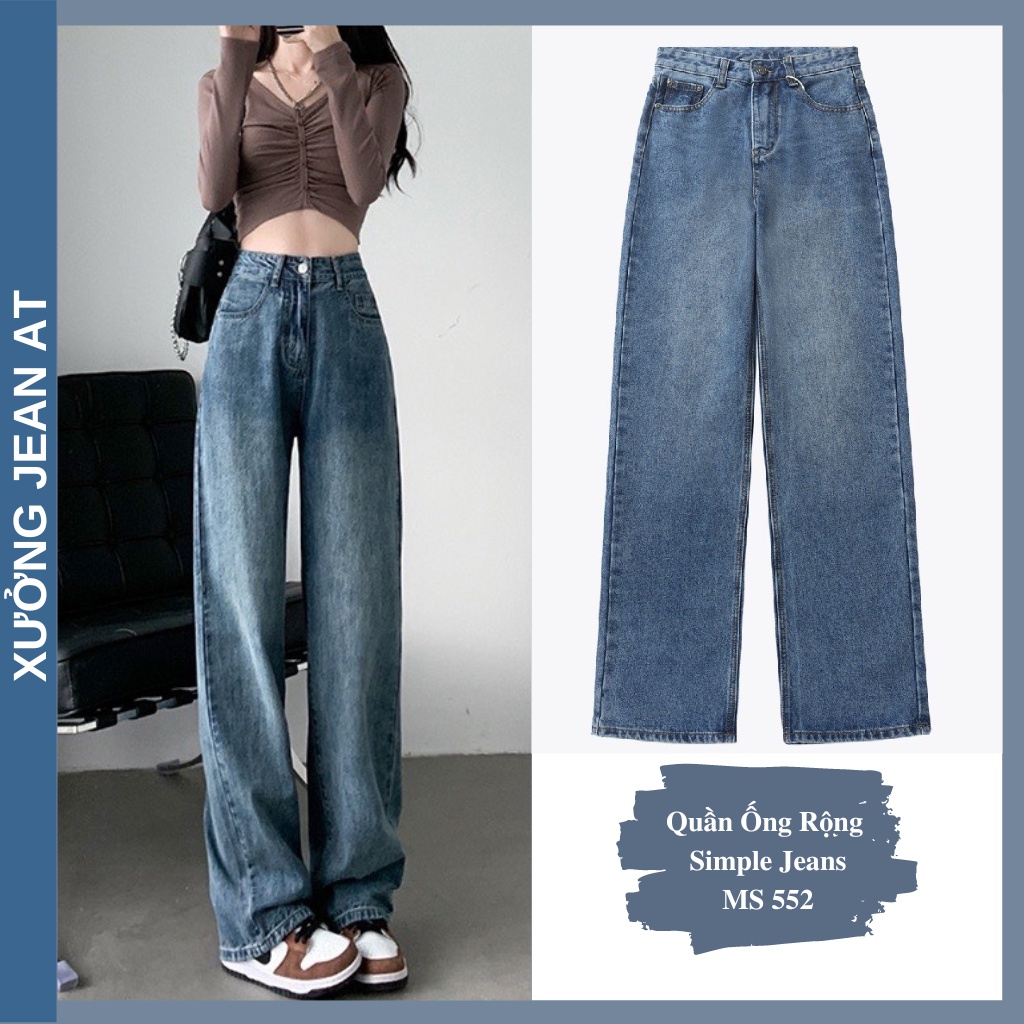 Quần Jean Nữ Ống Rộng Simple Jeans Lưng Cao Dáng Suông Phong Cách Retro Ulzzang Hàn Quốc Màu Xanh Basic 552