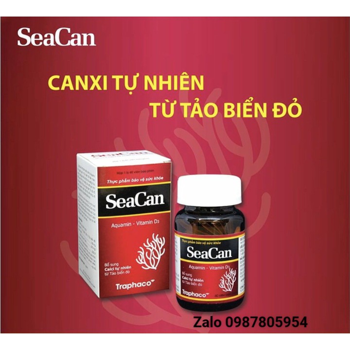 Seacan Bổ sung canxi hữu cơ từ tảo biển và Vitamin D3 Magie của Traphaco, giảm loãng xương, tăng chiều cao, lọ 60 viên