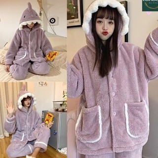 Bộ ngủ lông hình cá mập tím, bộ mặc nhà, pijama, quần áo ngủ dài tay thu đông xuân