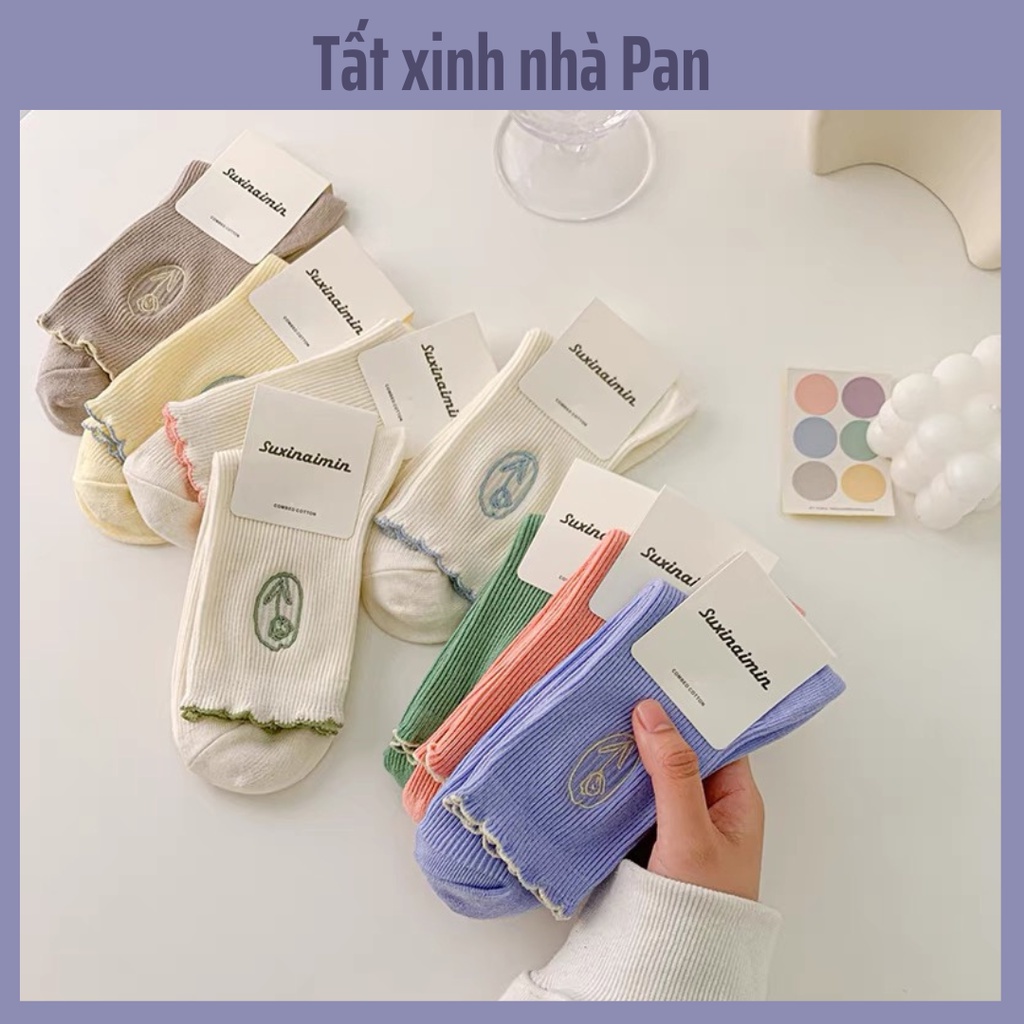 Tất Thêu Hoa Viền Sóng Gân nhỏ cotton cao cấp
