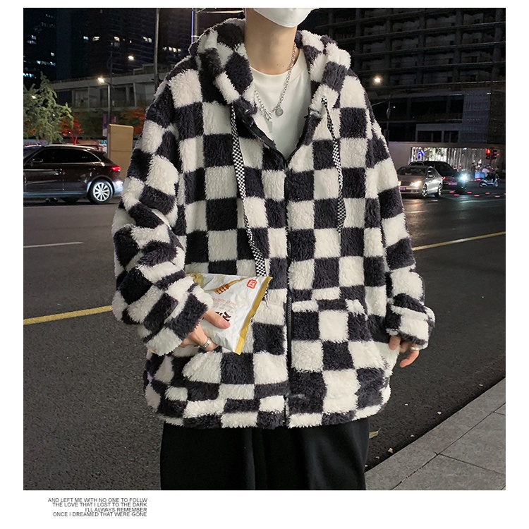 Áo khoác nam dáng rộng, áo khoác lông cừu nam kẻ caro thời trang phong cách Hàn Quốc