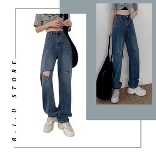 M110 quần jean nữ ống rộng cạp cao rách gối dáng suông chất bò dày dặn culottes xanh rách cá tính ulzzang r.i.u store