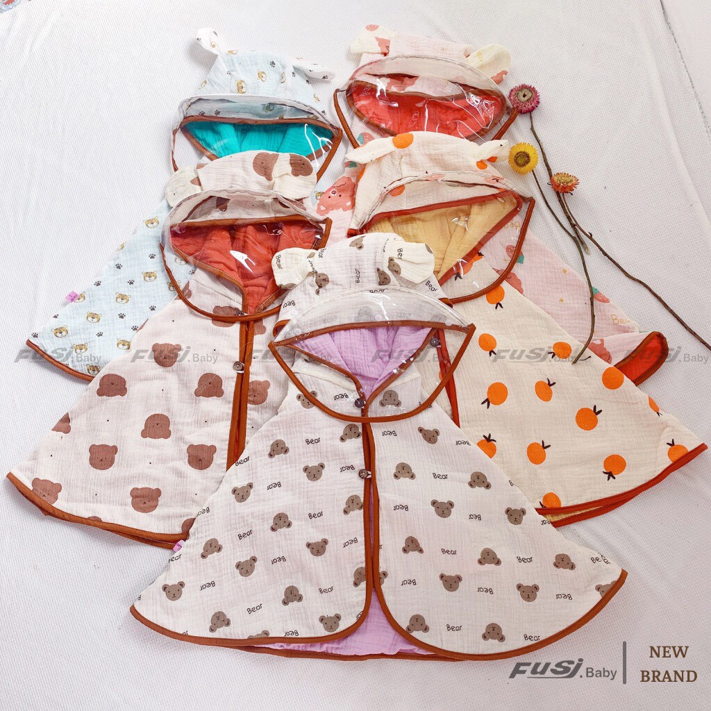 Áo choàng 2lớp kèm mũ chắn giọt bắn vải xô muslin mềm mại cho bé trai, bé gái