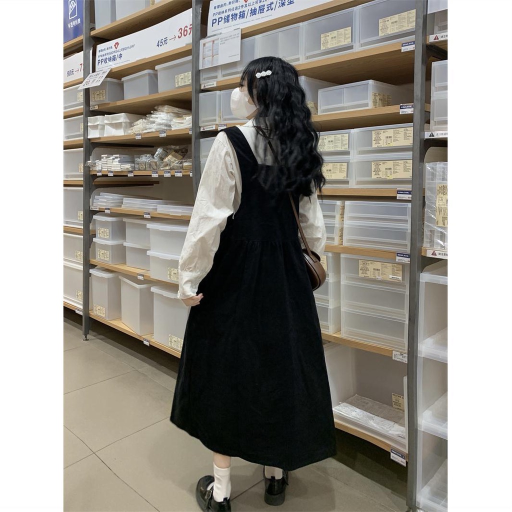 Set Áo Sơ Mi Cổ Đứng + Đầm Yếm Dáng Rộng Thời Trang Theo Phong Cách Hàn Quốc