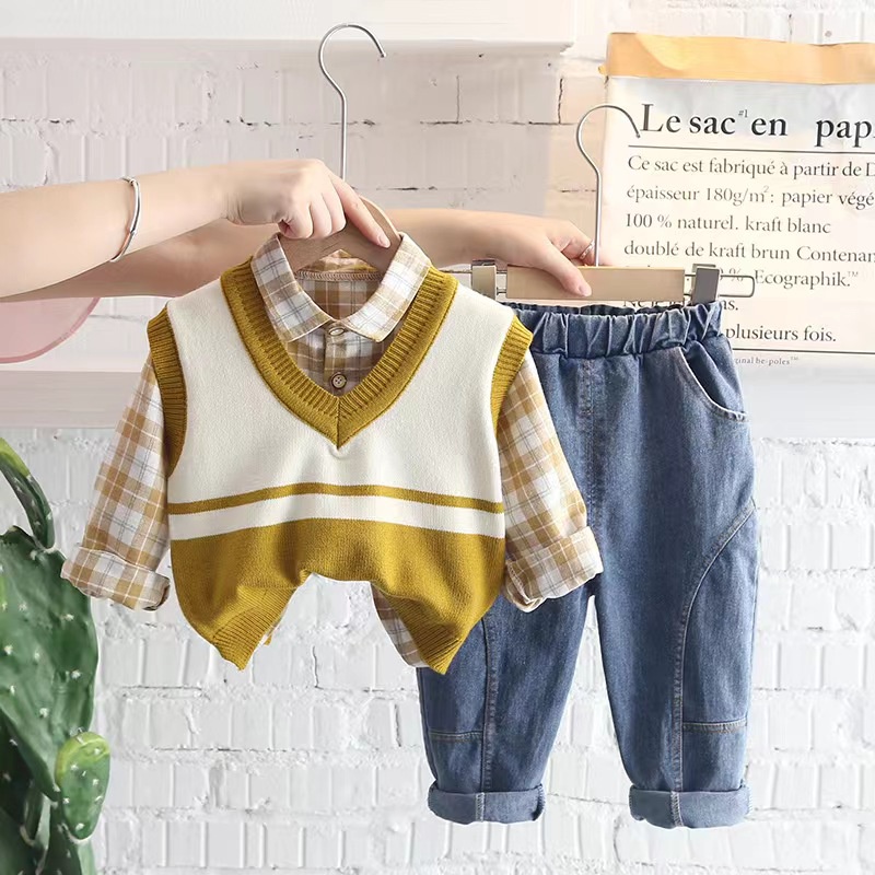 Sét áo ghi lê 3 món áo len, sơ mi, quần jean siêu đẹp cho bé trai 2022