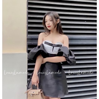 Váy tafta trễ vai tay bồng phối nơ ngực trắng