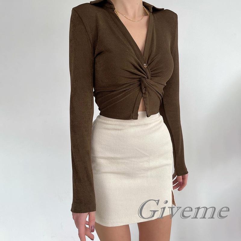 Áo Crop Top Dệt Kim Màu Trơn Cổ V Thắt Nút Xoắn Thời Trang Cho Nữ