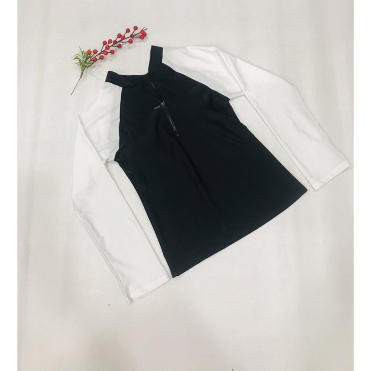 6 Mẫu Áo Sẵn Mút Ngực Có Khoá Kéo Trước Áo Bơi Lẻ Tay Dài Màu Đen