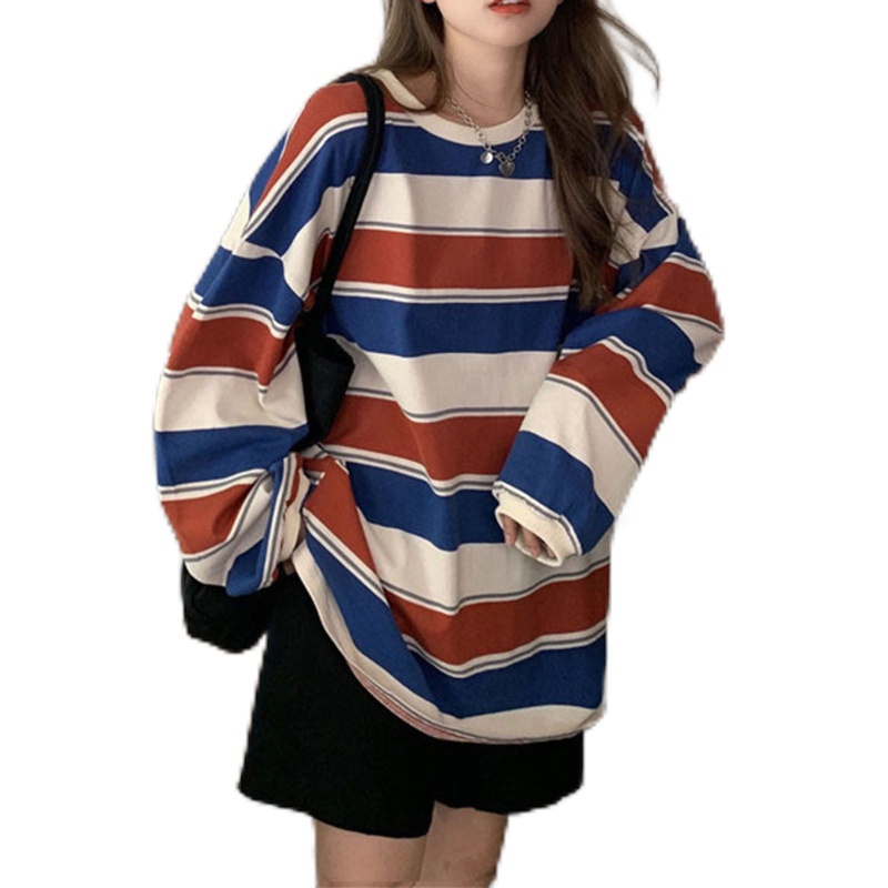 Áo Thun Tay Dài Cổ Tròn Họa Tiết Kẻ Sọc Thời Trang Phong Cách Hàn Quốc Cho Nữ