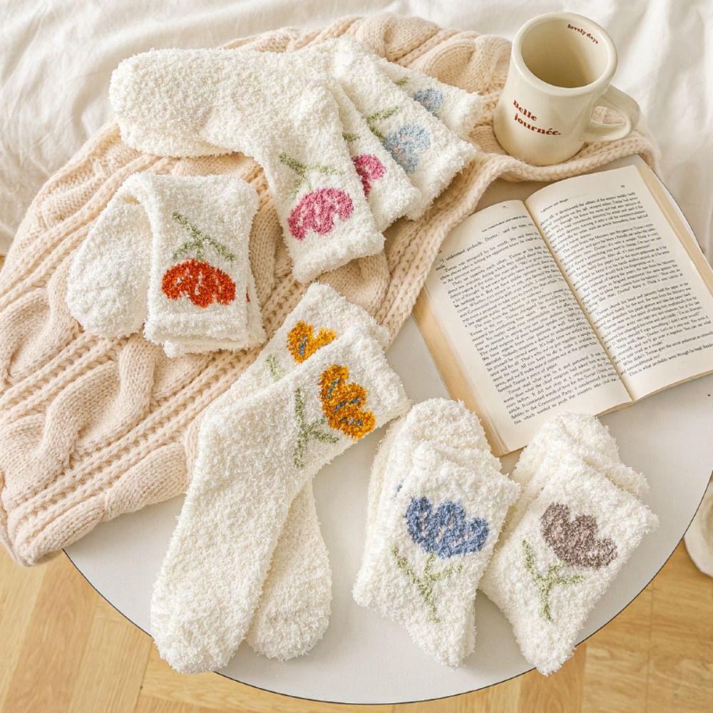 AROMA Vớ Cổ Trung Dày Dặn Mềm Mại Thoải Mái Họa Tiết Hoa Tulip Ngọt Ngào Hợp Thời Trang Cho