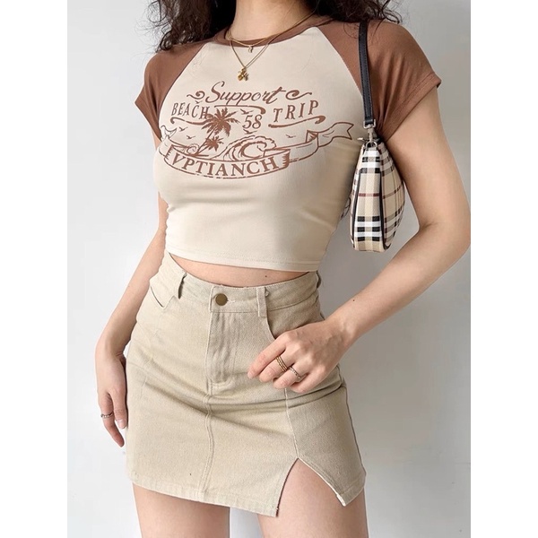 ÁO CROP TOP PHỐI MÀU VIỀN NÂU N3 pcgb