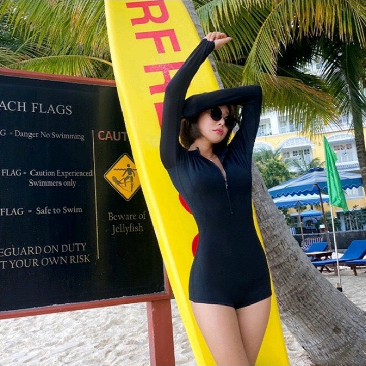 Bộ bikini liền thân dây kéo, đồ bơi 1 mảnh, bodysuit dây khóa kéo áo có tay dáng quần kín đáo EVALU STORE