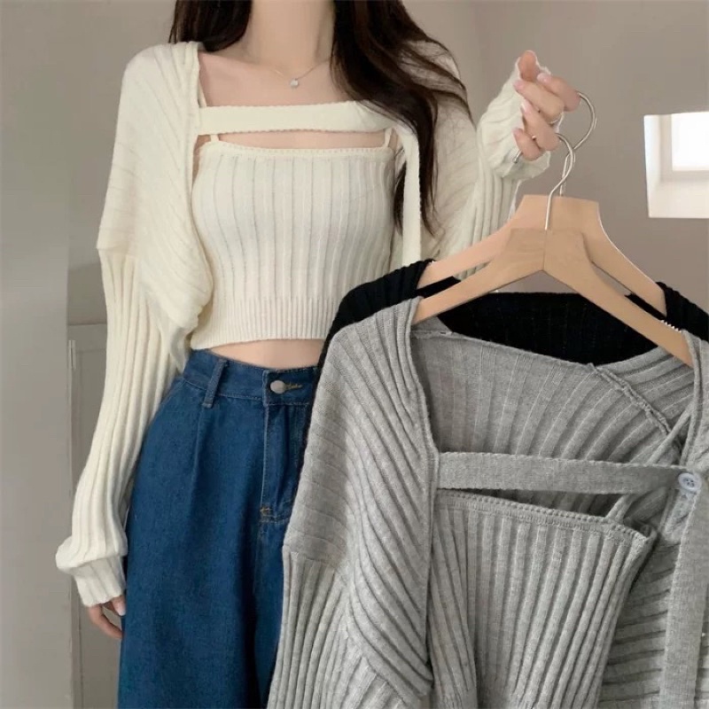 Gaeul store - set áo len tăm gồm áo dây & choàng len mix khuy