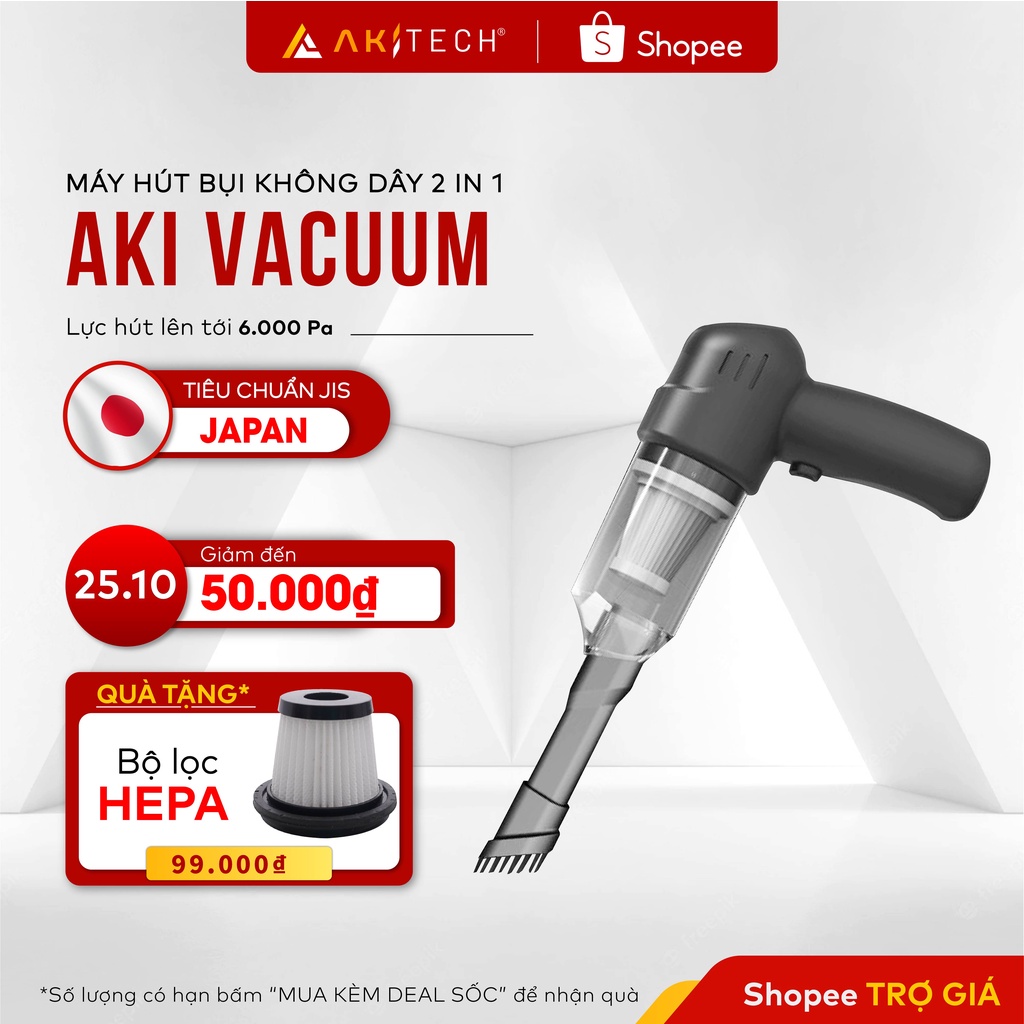 Máy hút bụi cầm tay không dây mini AKI VACUUM hút bụi mịn xe hơi ô tô giường nệm sofa lực hút 6000PA