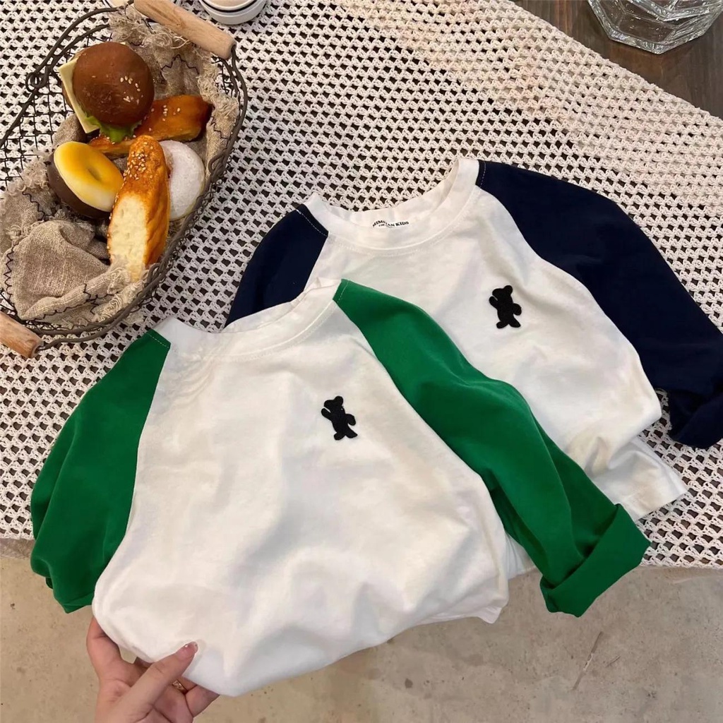 Áo Thun Tay Dài Dáng Rộng In Hình Gấu Màu Sắc Tương Phản Thời Trang Xinh Xắn Cho Bé