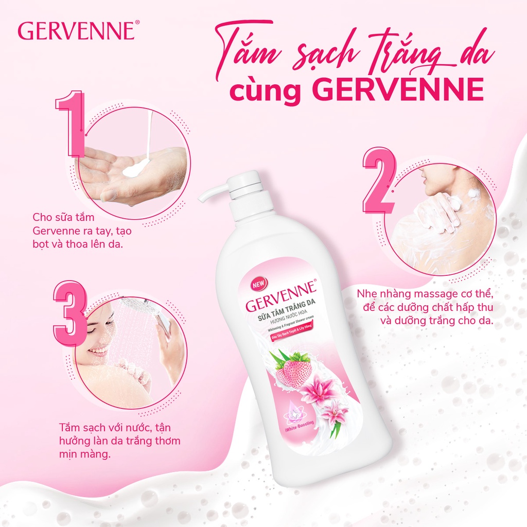 Combo 2 Sữa tắm trắng da hương nước hoa Gervenne Dâu Tây Bạch Tuyết và Lily Hồng 450g/chai