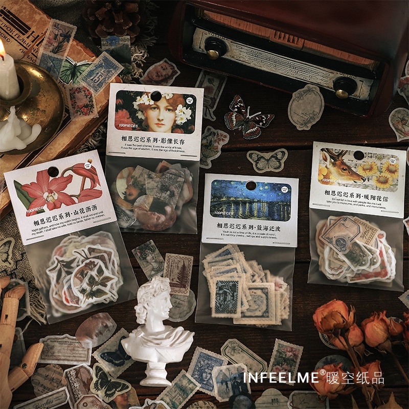 Set 100 sticker nhãn dán washi mini hình tem vintage cổ điển trang trí sổ bullet journal