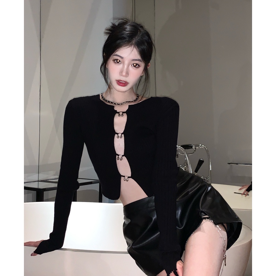 ZHELIHANGFEI Áo cardigan dệt kim màu đen thiết kế quyến rũ thời trang cho nữ | BigBuy360 - bigbuy360.vn
