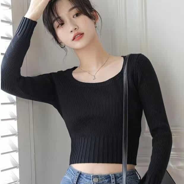 Aphrod Áo Thun Dệt Kim Mỏng Tay Dài Dáng Ôm Thời Trang Cho Nữ