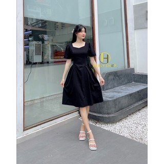 ĐẦM MIDI CỔ V XẾP LY EO TAY BỒNG