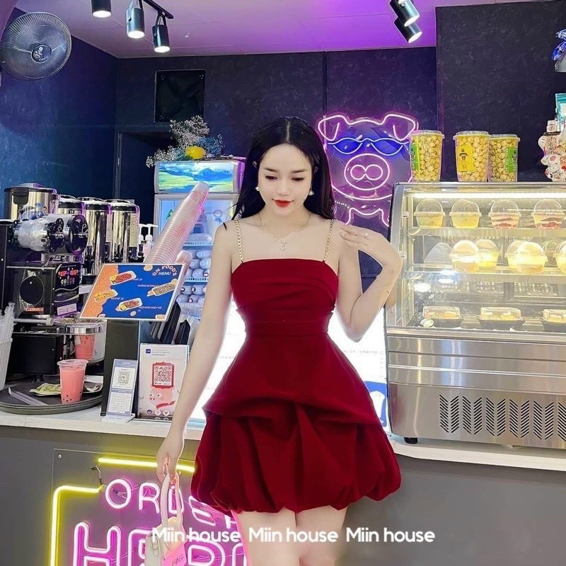 Đầm Xoè Nhung Hai Dây Cúp Ngực Dây Xích Kèm Ảnh Thật CC05 (Hoả Tốc)