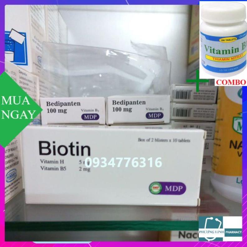 Combo Vitamin B1 chai 100 viên+ Biotin 5mg Bổ Sung Vitamin H, Vitamin B5 Hỗ trợ Giúp Tóc Mọc