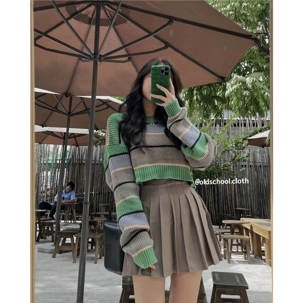 Áo Len Kẻ Ngang Croptop Màu Xanh Phối Nâu Ulzzang