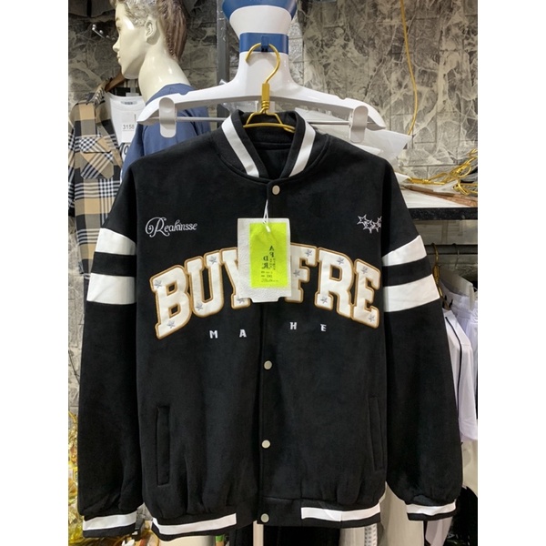 Áo khoác Bomber da lộn trần bông phối tay da unisex nam nữ QCCC