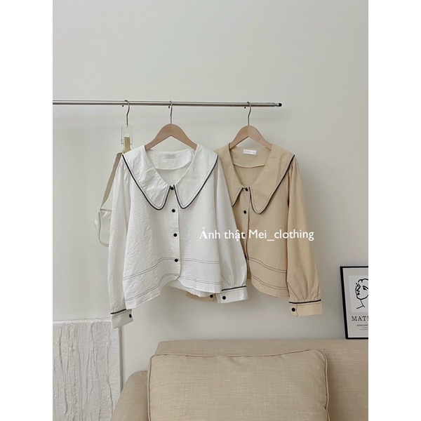 Áo Sơmi Nữ Cổ Sen Viền Chỉ Ulzzang