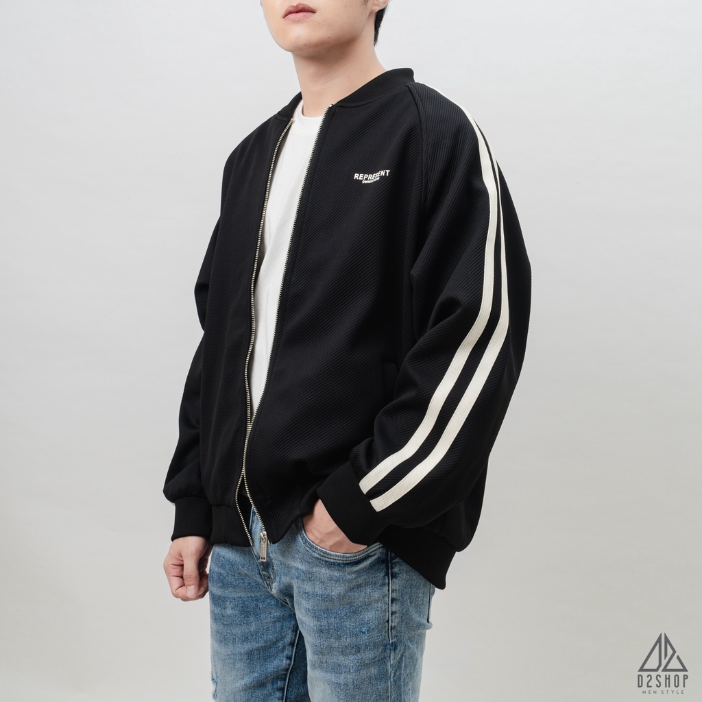 Áo khoác nam D2shop, áo khoác bomber in chữ REPRESENT, vải nỉ dập nổi, màu đen