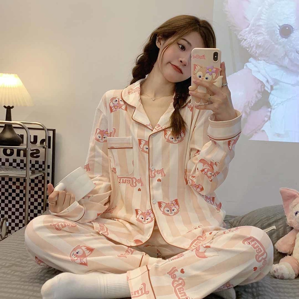 Bán Chạy#Bộ Đồ Ngủ Tay Dài Cổ Bẻ In Họa Tiết Hoạt Hình Dễ Thương Thời Trang Xuân Thu Cho Nữ