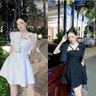 Sét Bộ Đầm Dáng Xòe Dây Chéo Cổ Có Mút Ngực Kèm Áo Khoác Ngoài Sang Chảnh