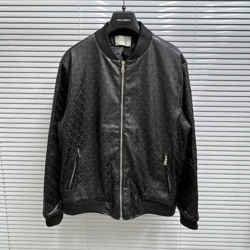 Áo khoác bomber da nam dập nổi vân chữ GC xích chéo monogram khoá zip kéo bo ống chun 2 lớp dày dặn