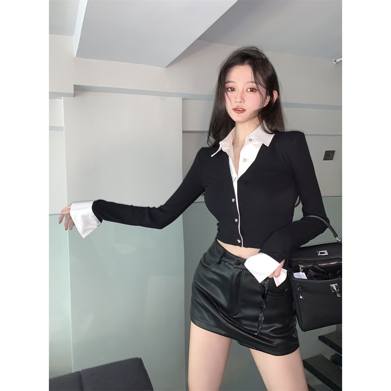 Cocory vn Áo Sơ Mi Nữ Tay Dài Dáng Ôm Màu Tương Phản Thời Trang