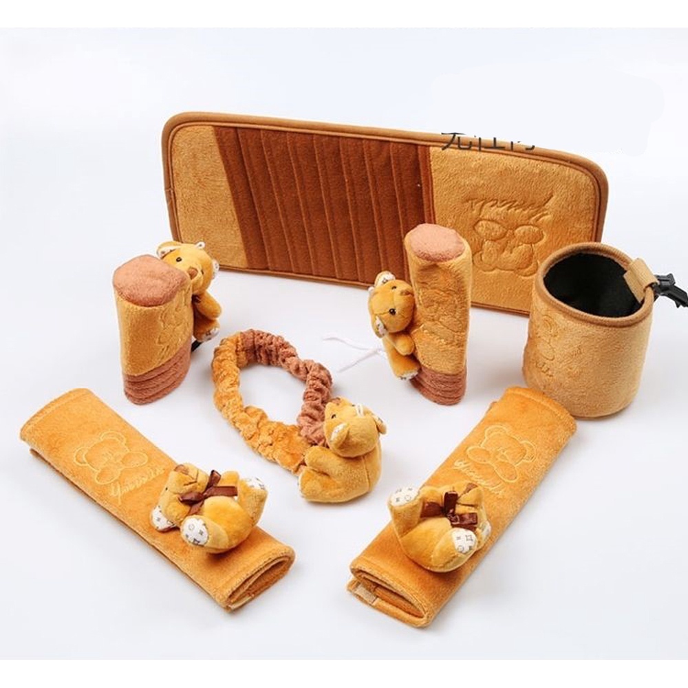 SET BỌC SEATBELT + PHANH TAY + CẦN SỐ + VÍ GẮN KÍNH CHE NẮNG XE Ô TÔ HÌNH GẤU DỄ THƯƠNG