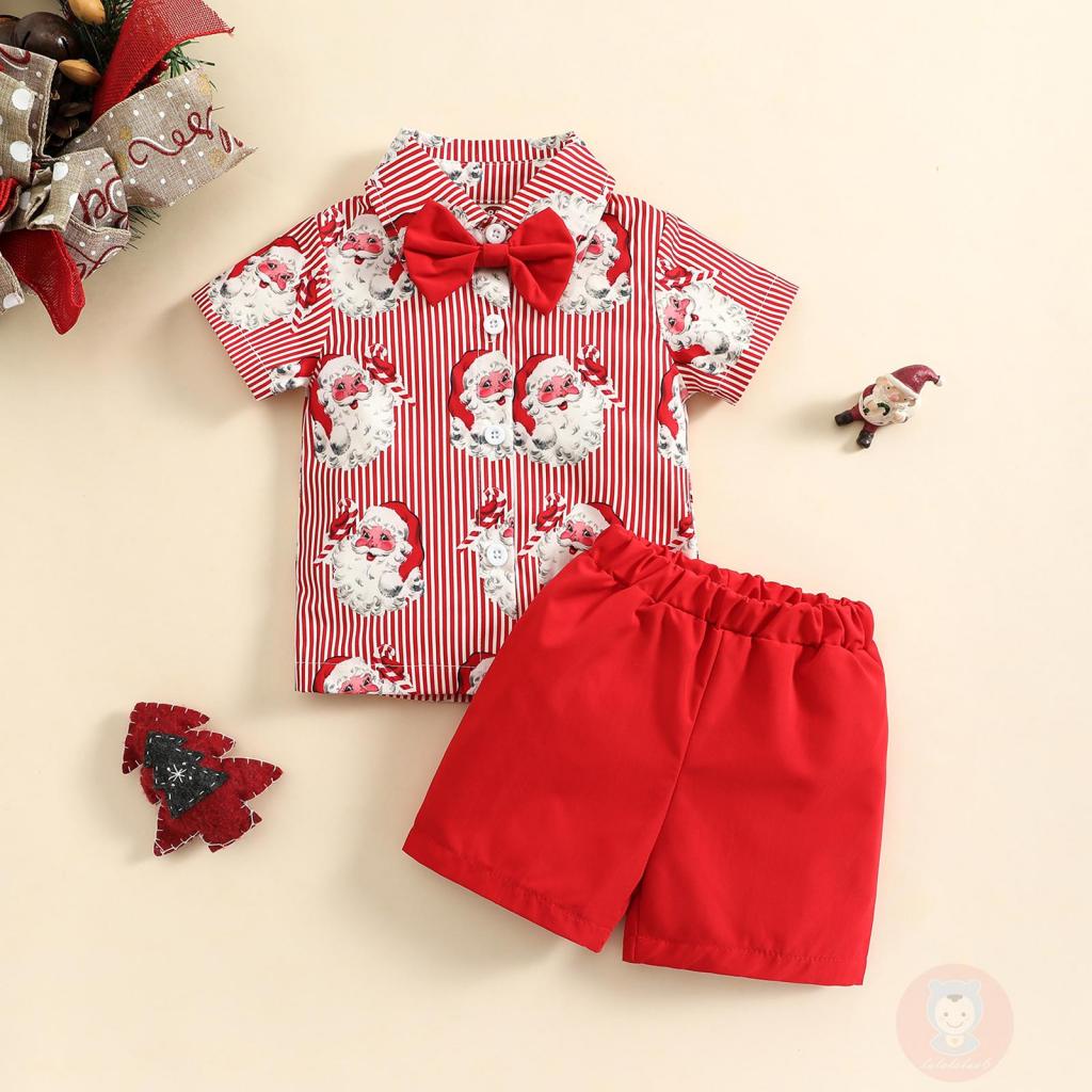 Laa6-boys Set Áo Thun Ngắn Tay In Hình Cây Thông Giáng Sinh Phối Nơ + Quần Short Giản Dị