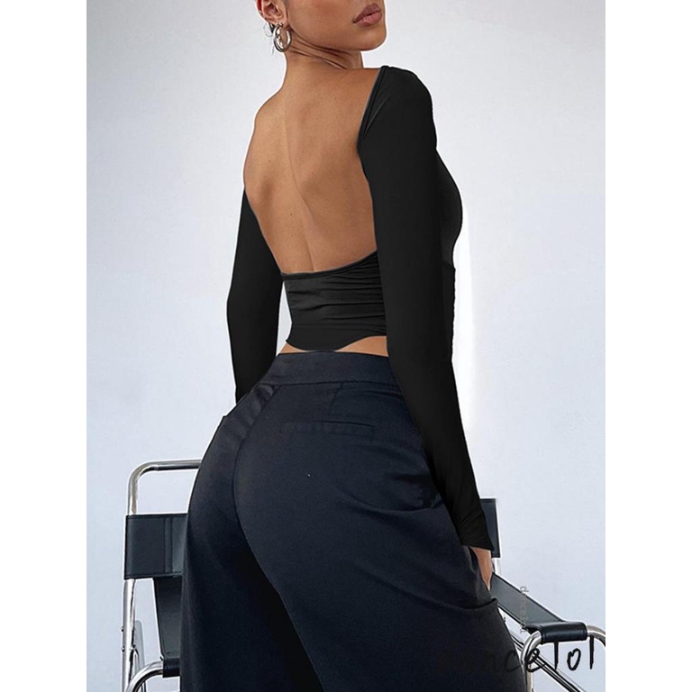 Áo Thun Tay Dài Hở Lưng Cổ Tròn Màu Trơn Dùng Khi Nhảy Múa 1O1