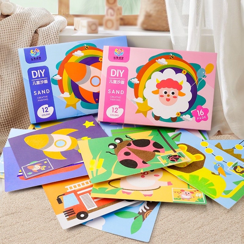Hộp tranh cát 16 tranh 12 màu Sand Painting DIY kèm cọ và khay đựng cát kèm đầy đủ dụng cụ