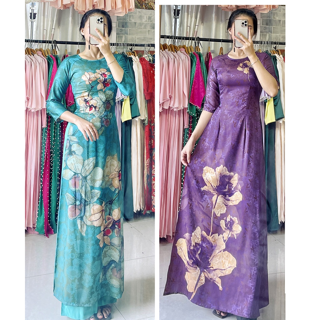 Áo dài Mẹ Bà sui Trung niên Gấm dệt hoa Thái Tuấn cực đẹp - có size lớn - màu tím và xanh ngọc sang chảnh