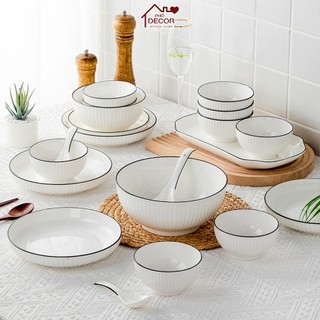 Bộ Bát Đĩa Phố Decor Gốm Sứ Cao Cấp Sứ Trắng Bo Viền Phong Cách Nhật Bản - Mẫu 2