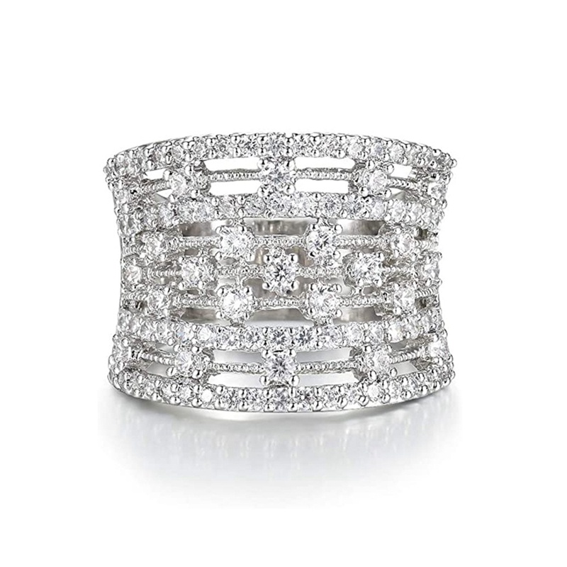 Fancy Nhẫn Cưới Bản Rộng Đính Đá Zircon Màu Bạc Sang Trọng Chất Lượng Cao Thời Trang Cho Nữ
