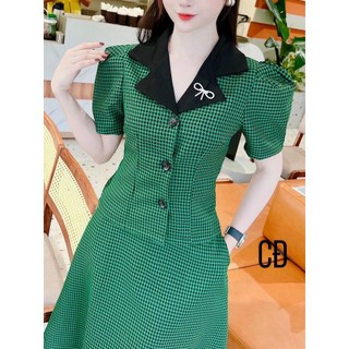 Set đầm tiểu thư , áo tay ngắn họa tiết kẻ caro đính nút kèm chân váy midi dáng xòe , set dự tiệc sang trọng