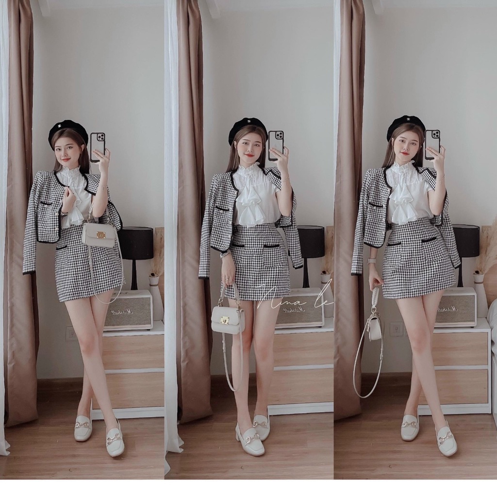 Set dạ 3 món khoác dạ viền sơ mi trắng kèm chân váy ngắn xòe mẫu chị nina lê tiểu thư dịu dàng