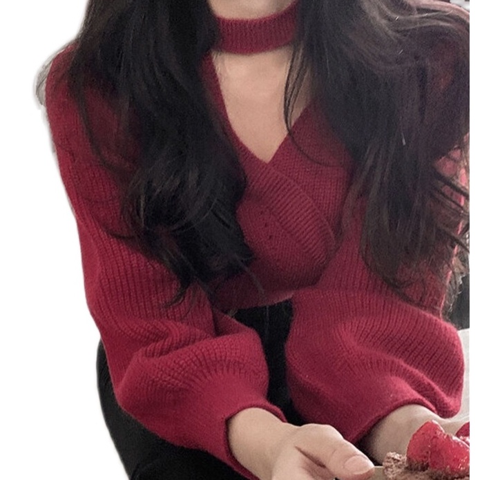Áo dệt kim SUXI dài tay cổ chữ V trễ vai gợi cảm cho nữ