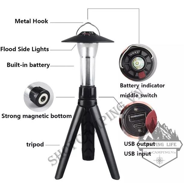 Đèn pin led cắm trại, đèn treo lều đa chức năng tripod kiêm đèn pin, cắm trại dã ngoại - Camping VietNam