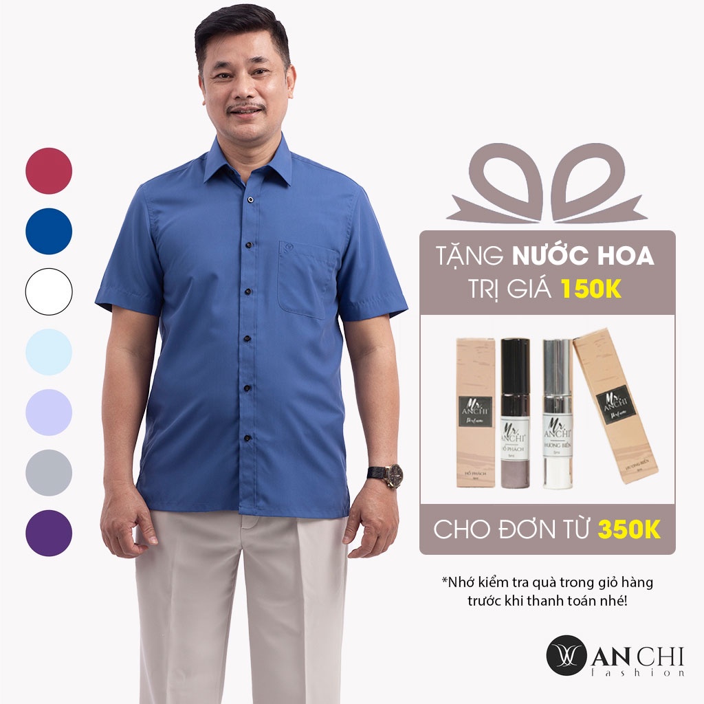 Áo Sơ Mi Nam Ngắn Tay Trung Niên ANCHI Classic Cotton Trơn Màu Xanh Than Cao Cấp